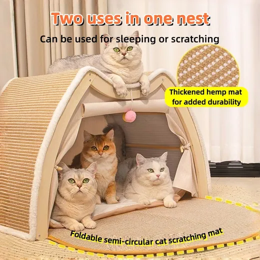 2-in-1 Wooden Cat House with Scratching Pad