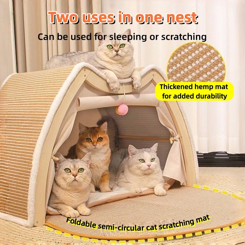 2-in-1 Wooden Cat House with Scratching Pad