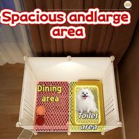 Modular dog playpen with divider, separate dining area and toilet area