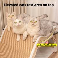 Elevated arched roof cat rest area with three cats lounging on top of a wooden sisal cat house.