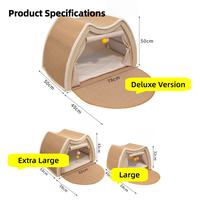 2-in-1 wooden cat house with sisal scratching mat, several cats sleeping and scratching inside.
