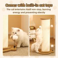 Cat scratch post with hanging pom pom toys for cat entertainment and exercise