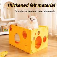 Cheese-shaped felt cat bed with multiple openings for hiding and resting