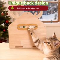 Wooden Christmas cat house with interactive railway ball toy on the back