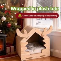 Christmas reindeer wooden cat house with cosy plush bed and tree-shaped entrance