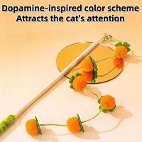 Dopamine colored cat teaser wand with orange felt ball and bell