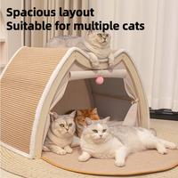 Spacious multi-cat wooden sisal cat house with several cats relaxing inside and on the roof.
