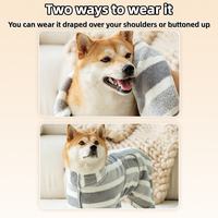 Two wearing styles of pet bathrobe, draped or buttoned for dog