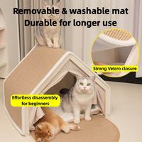 Removable washable mat wooden cat house with velcro closure, cats resting inside and on top.