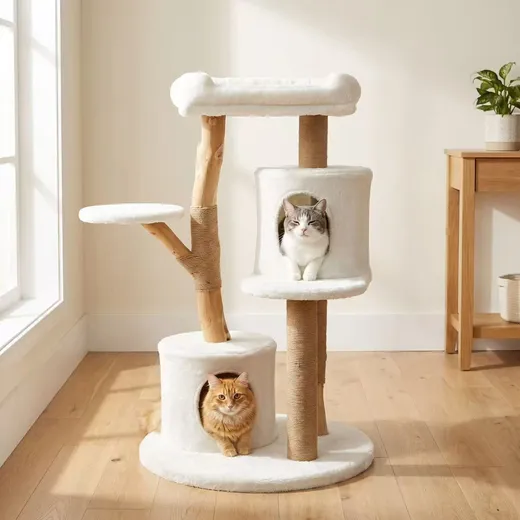 White Cat Tree with Soft Faux Rabbit Fur – Wholesale Cat Climbing Tower