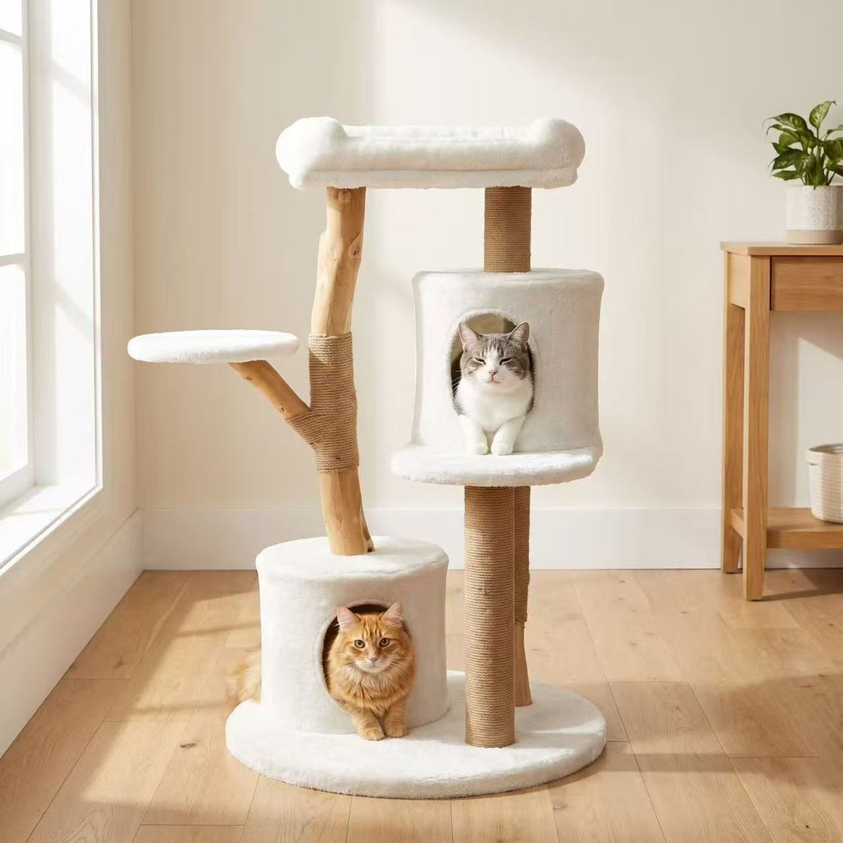 White Cat Tree with Soft Faux Rabbit Fur – Wholesale Cat Climbing Tower