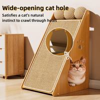 Wide opening cat hole on a wooden scratcher satisfying natural crawling instincts.