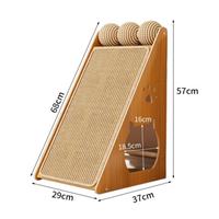 Wooden triangular cat scratcher with a cozy side hideaway and front scratching board.