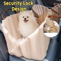 pet car seat with safety strap fixed on car front seat, cat safe travel