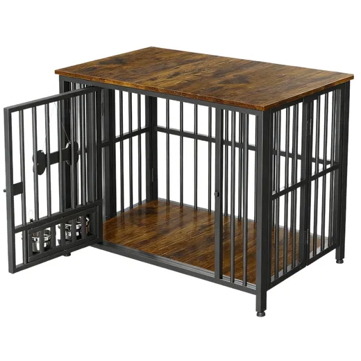 Folding Furniture Style Dog Crate with Feeder Bowls
