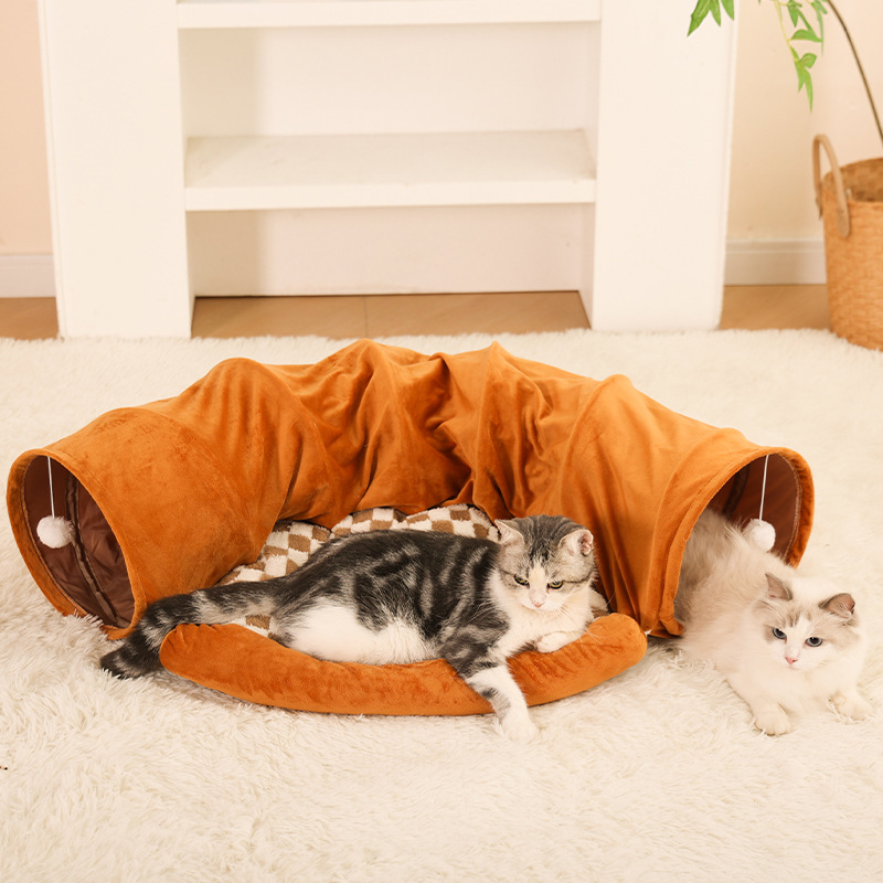 Cat Tunnel Bed with Hanging Toys,2-in-1 Cat Play Tunnel Bed