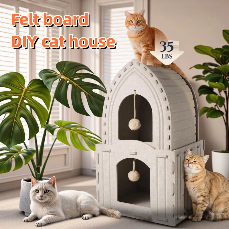 New Felt Cat House, Foldable Cat House with Scratching Board