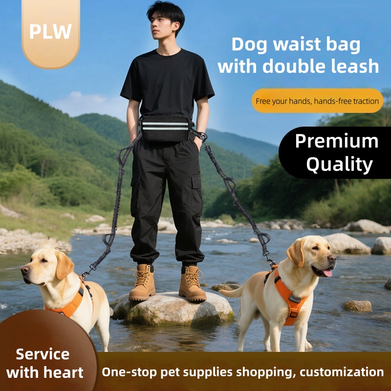 Double dog leash, high elasticity leash, waist pack leash