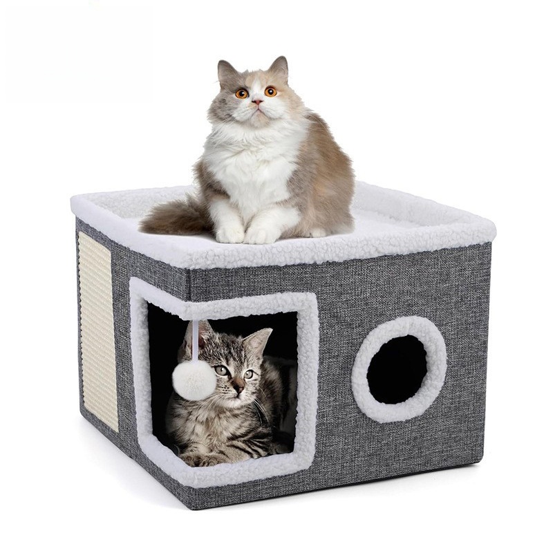 Large Cat House with Fluffy Ball Hanging and Scratch Pad